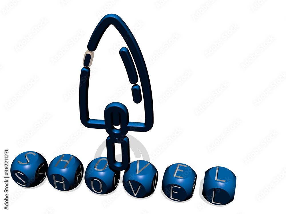 3D representation of shovel with icon on the wall and text arranged by metallic cubic letters on a mirror floor for concept meaning and slideshow presentation. illustration and background 3D representation of shovel with icon on the wall and text arranged by metallic cubic letters on a mirror floor for concept meaning and slideshow presentation. illustration and background