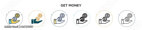 Get money icon in filled, thin line, outline and stroke style. Vector illustration of two colored and black get money vector icons designs can be used for mobile, ui, web