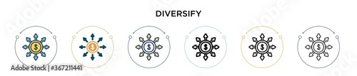 Diversify icon in filled, thin line, outline and stroke style. Vector illustration of two colored and black diversify vector icons designs can be used for mobile, ui, web