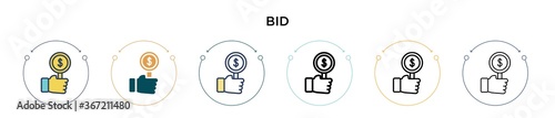 Bid icon in filled, thin line, outline and stroke style. Vector illustration of two colored and black bid vector icons designs can be used for mobile, ui, web