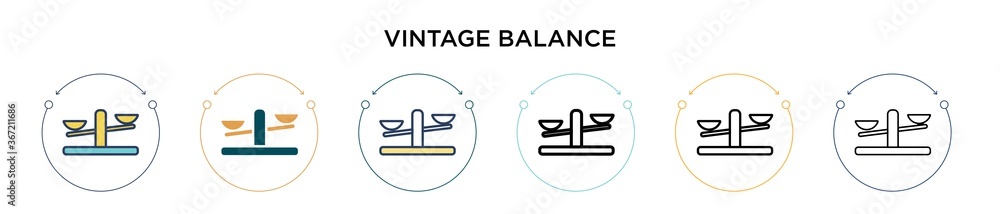 Vintage balance icon in filled, thin line, outline and stroke style. Vector illustration of two colored and black vintage balance vector icons designs can be used for mobile, ui, web