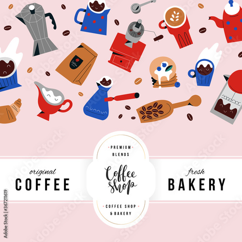 Coffee shop menu cover template with lettering logo, trendy design with hand drawn doodle illustrations, restaurant or bakery menu, drawings of coffee mugs and cups, barista utensils