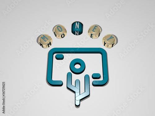 3D representation of money with icon on the wall and text arranged by metallic cubic letters on a mirror floor for concept meaning and slideshow presentation. illustration and business photo