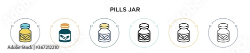 Pills jar icon in filled, thin line, outline and stroke style. Vector illustration of two colored and black pills jar vector icons designs can be used for mobile, ui, web