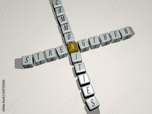 Εκτύπωση καμβά combination of fair trade products: STRENGTHEN COMMUNITIES built by cubic letters from the top perspective, excellent for the concept presentation
