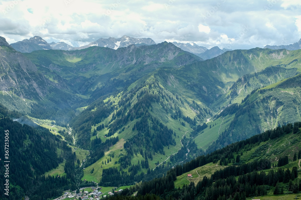 Panoramic view over the valley of Kleinwalsertal and the allgaeu alps, Kleinwalsertal, Vorarlberg, Austria, Europe