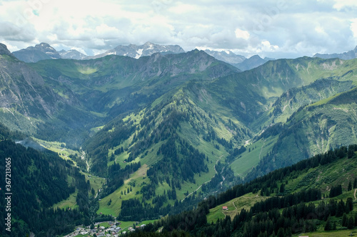 Panoramic view over the valley of Kleinwalsertal and the allgaeu alps  Kleinwalsertal  Vorarlberg  Austria  Europe