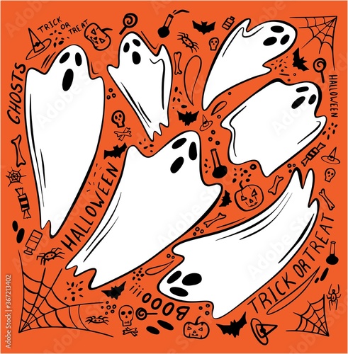 Ghost character. Halloween scary ghostly monster, dead boo spook and cute funny boohoo spooky fly anima or horror curious devil phantom costume isolated cartoon doodle set