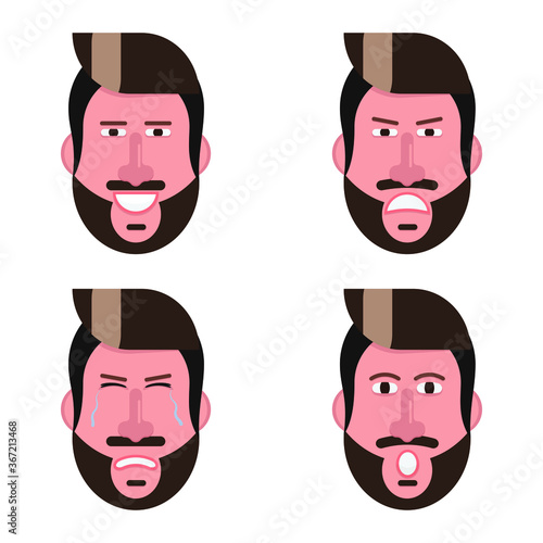 Happy, sad, angry and surprised emotions set person icon man face with moustache and beard flat design vector illustration