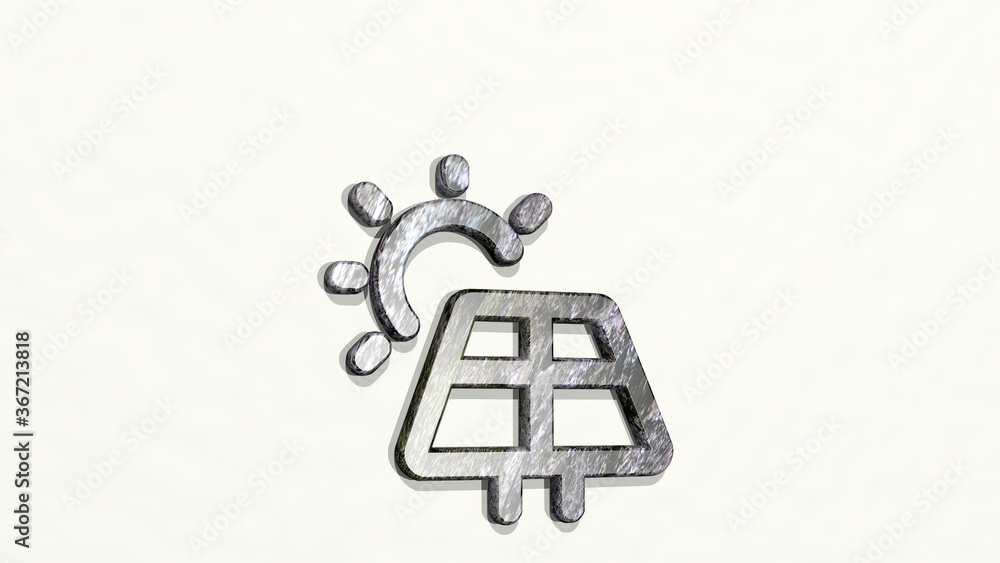 Obraz premium RENEWABLE ENERGY SOLAR PANEL made by 3D illustration of a shiny metallic sculpture on a wall with light background. alternative and power