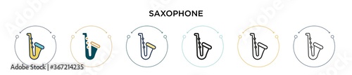 Saxophone icon in filled, thin line, outline and stroke style. Vector illustration of two colored and black saxophone vector icons designs can be used for mobile, ui, web
