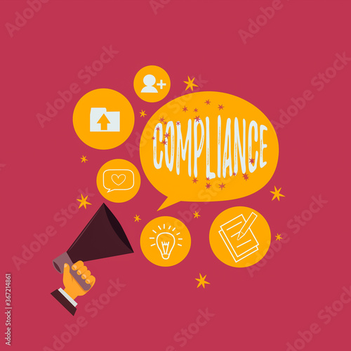 Text sign showing Compliance. Business photo showcasing ability of an object to yield elastically when a force is applied Hu analysis Hand Holding Megaphone Talking Different Topic and Speech Bubble photo