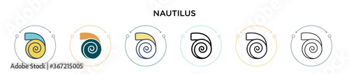 Nautilus icon in filled, thin line, outline and stroke style. Vector illustration of two colored and black nautilus vector icons designs can be used for mobile, ui, web