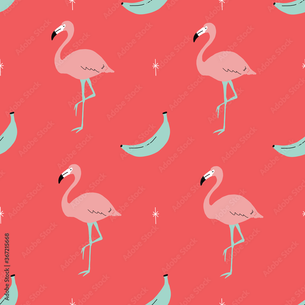 Fototapeta premium Seamless bright repeat vector retro pink and red tropical flamingo and banana pattern with retro stars.