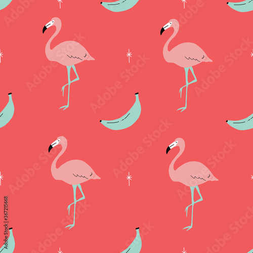 Seamless bright repeat vector retro pink and red tropical flamingo and banana pattern with retro stars. © alicia
