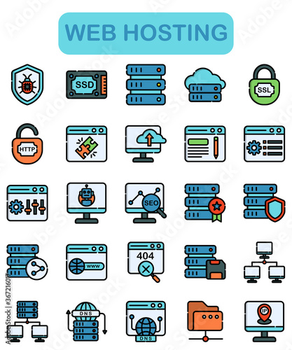 web hosting icon set, lineal color style
