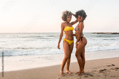 Two young brunette women on the seashore wearing swimsuits, full body, horizontal