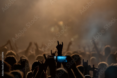 Hand raised showing a heavy metal rock sign at concert