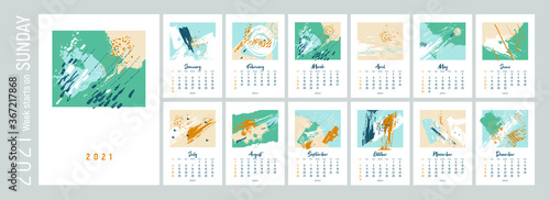 2021 Monthly Wall calendar. Abstract design. Set of 12 months. Week starts on Sunday. Concept, vector editable calender page template. Vertical. Vector abstract artistic  illustration. Pastel.