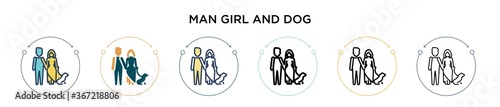 Man girl and dog icon in filled, thin line, outline and stroke style. Vector illustration of two colored and black man girl and dog vector icons designs can be used for mobile, ui, web