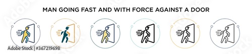 Man going fast and with force against a door icon in filled, thin line, outline and stroke style. Vector illustration of two colored and black man going fast and with force against a door vector icons