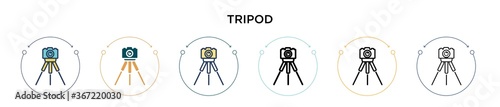 Tripod icon in filled, thin line, outline and stroke style. Vector illustration of two colored and black tripod vector icons designs can be used for mobile, ui, web