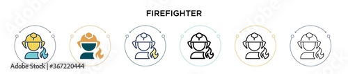 Firefighter icon in filled, thin line, outline and stroke style. Vector illustration of two colored and black firefighter vector icons designs can be used for mobile, ui, web
