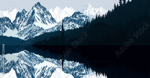 vector morning Lake Hallstatt with mountains