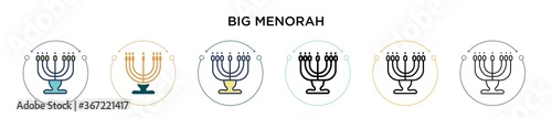 Big menorah icon in filled, thin line, outline and stroke style. Vector illustration of two colored and black big menorah vector icons designs can be used for mobile, ui, web