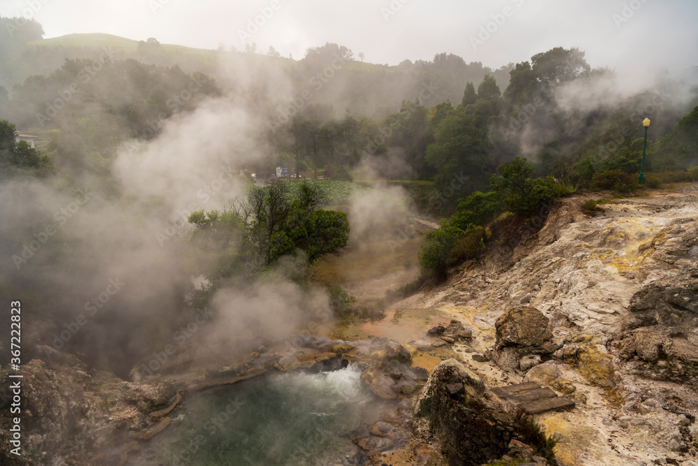 Hot thermal springs in Furnas village, Sao Miguel island, Azores, Portugal. Caldeira do Asmodeu.