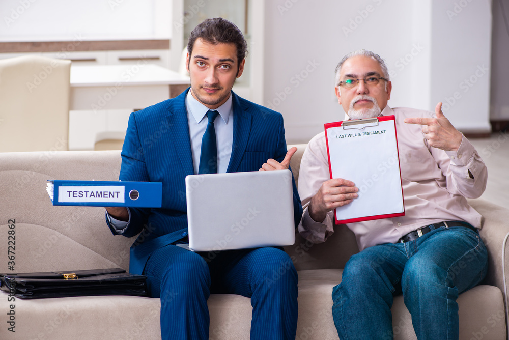 Young male lawyer visiting old man in testament concept Young male lawyer visiting old man in testament concept