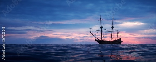Foto Ancient ship sailing in the ocean. (Right side).