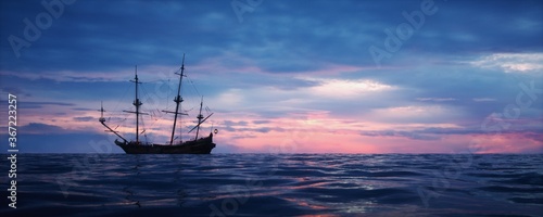 Foto Ancient ship sailing in the ocean. (Left side).
