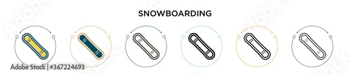 Snowboarding icon in filled, thin line, outline and stroke style. Vector illustration of two colored and black snowboarding vector icons designs can be used for mobile, ui, web