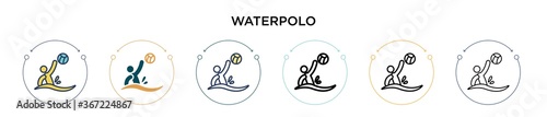 Waterpolo icon in filled, thin line, outline and stroke style. Vector illustration of two colored and black waterpolo vector icons designs can be used for mobile, ui, web