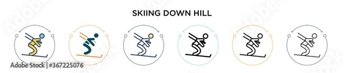 Skiing down hill icon in filled, thin line, outline and stroke style. Vector illustration of two colored and black skiing down hill vector icons designs can be used for mobile, ui, web