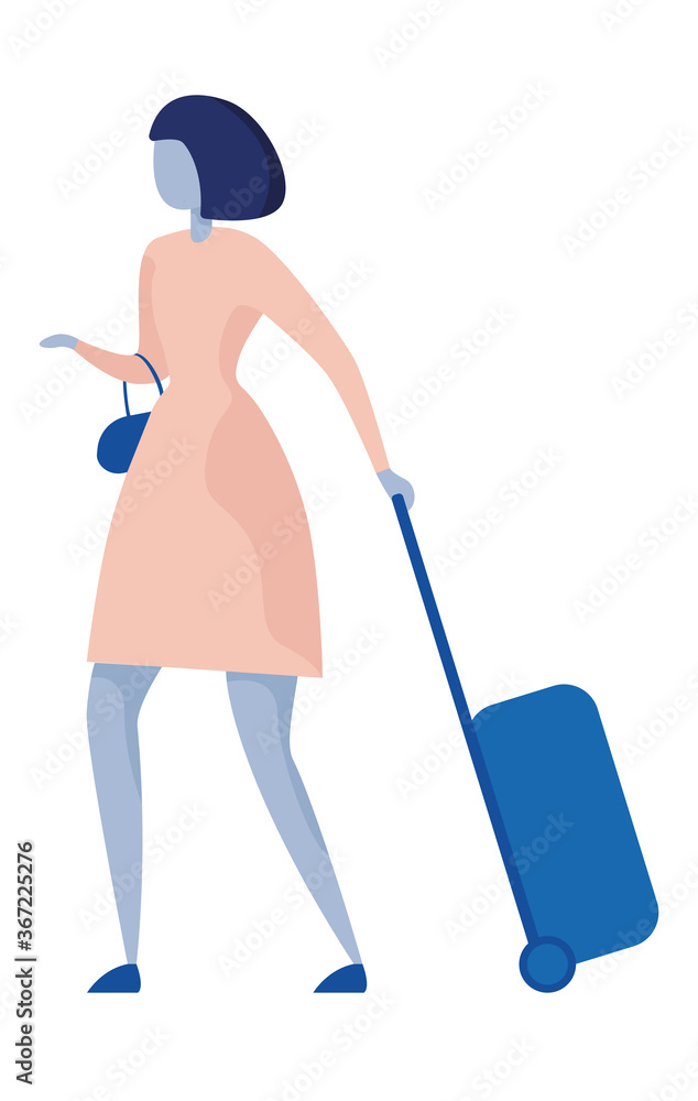 Fototapeta premium Woman holding handbag and handle suitcases on wheels. Vector color flat icon.