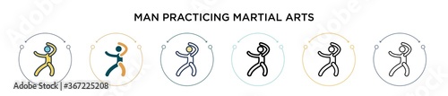 Man practicing martial arts icon in filled, thin line, outline and stroke style. Vector illustration of two colored and black man practicing martial arts vector icons designs can be used for mobile,