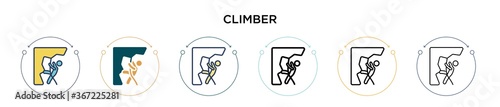 Climber icon in filled, thin line, outline and stroke style. Vector illustration of two colored and black climber vector icons designs can be used for mobile, ui, web