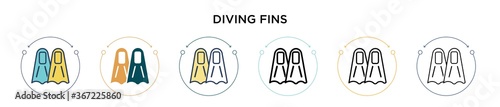 Diving fins icon in filled, thin line, outline and stroke style. Vector illustration of two colored and black diving fins vector icons designs can be used for mobile, ui, web