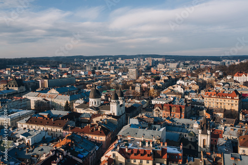 View of the old city from above, from the observation tower of the town hall. Lviv, Ukraine, winter panorama. Aerial view.
