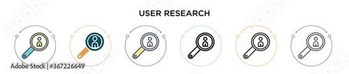 User research icon in filled, thin line, outline and stroke style. Vector illustration of two colored and black user research vector icons designs can be used for mobile, ui, web