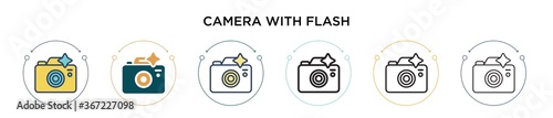 Camera with flash icon in filled, thin line, outline and stroke style. Vector illustration of two colored and black camera with flash vector icons designs can be used for mobile, ui, web
