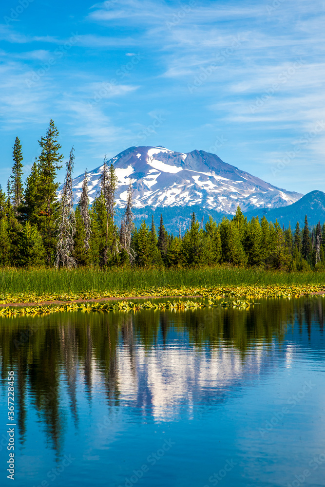 Hosmer Lake in central oregon, with the south sister reflected in the lake