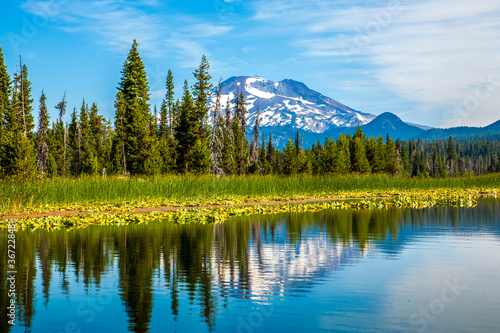 Hosmer Lake in central oregon, with the south sister reflected in the lake