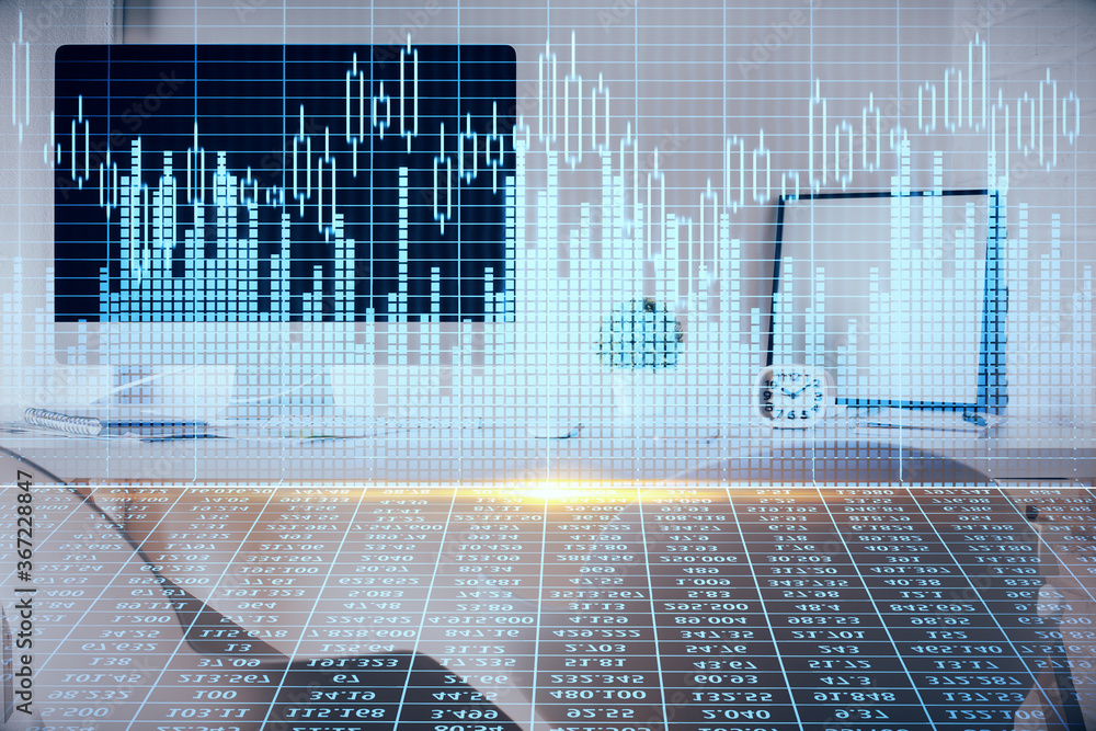Multi exposure of stock market chart drawing and office interior background. Concept of financial analysis. Multi exposure of stock market chart drawing and office interior background. Concept of financial analysis.