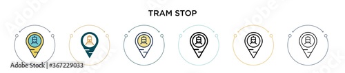 Tram stop icon in filled, thin line, outline and stroke style. Vector illustration of two colored and black tram stop vector icons designs can be used for mobile, ui, web