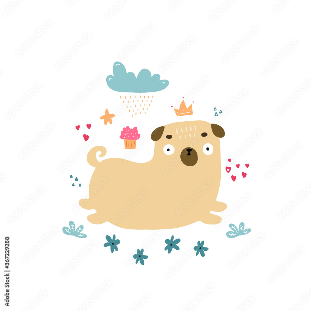 Fototapeta premium Cute little colorful pug in doodle style. Hand drawn vector illustration good for nursery design for children clothes, walls, cups.