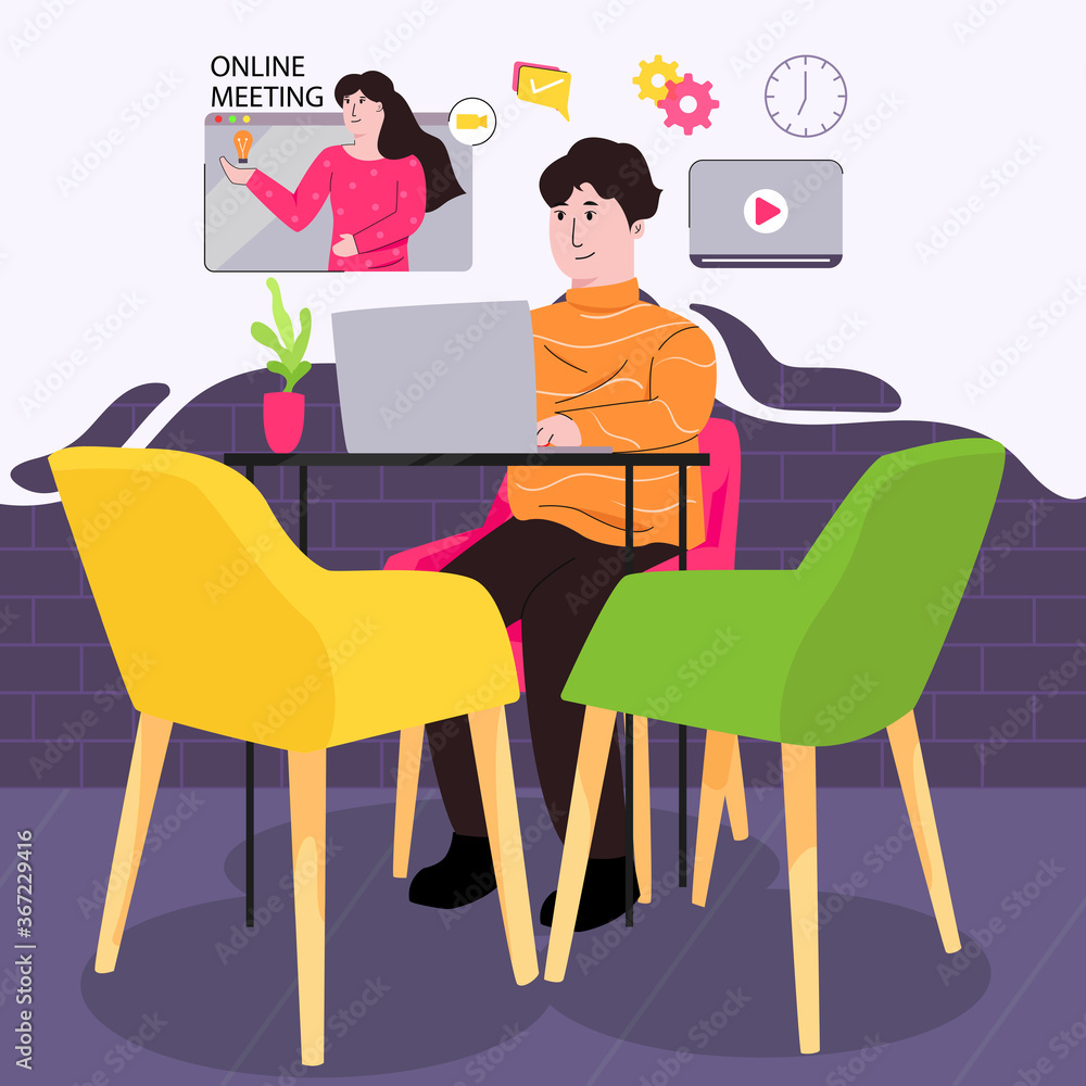 Fototapeta premium Flat design illustration of a man working on a table with a laptop. Online meeting with partner working from home
