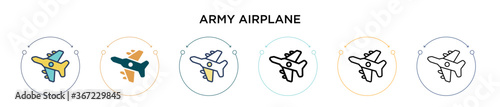 Army airplane icon in filled, thin line, outline and stroke style. Vector illustration of two colored and black army airplane vector icons designs can be used for mobile, ui, web